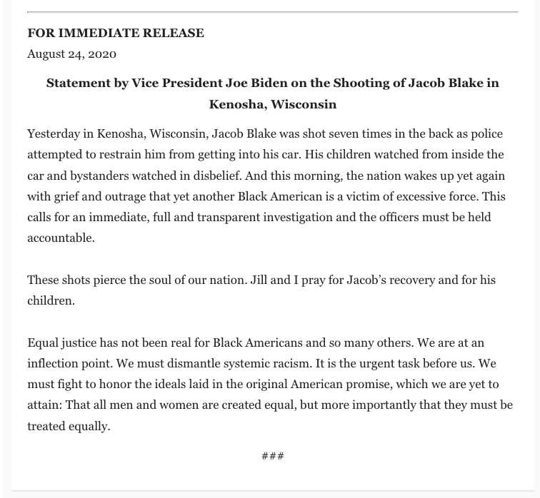 Democratic presidential candidate, Joe Biden, has released an official statement 